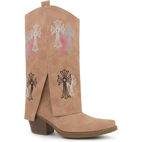 ⚡ Women Brown Synthetic Cowgirl Chunky Heel Mid Calf Snip Toe Side Zip Boots - Picture 6 of 6